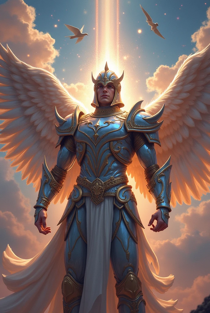 Male angel celestial warrior with armor and helmet hiding his eyes