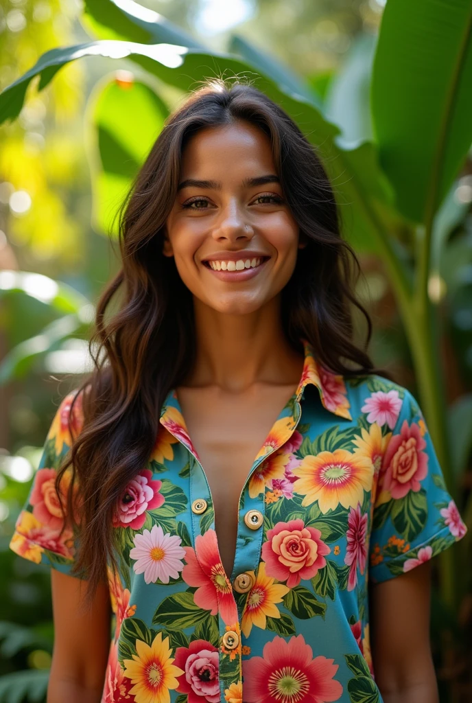 A Brazilian woman in a lush tropical garden, wearing an open shirt with a floral print, with a close-up capturing the harmonious beauty between her breasts and the natural flowers, showing off your natural charm and outgoing personality.