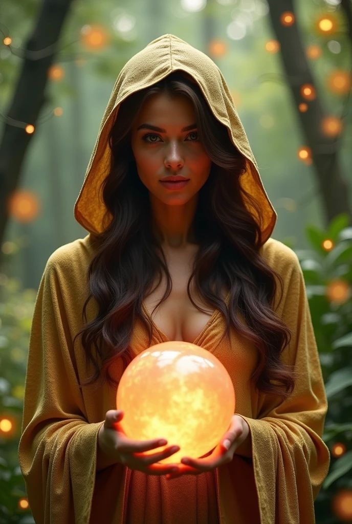 Tanned skin brunette woman , magical gifts dressed in golden hood in her hands has a crystal ball