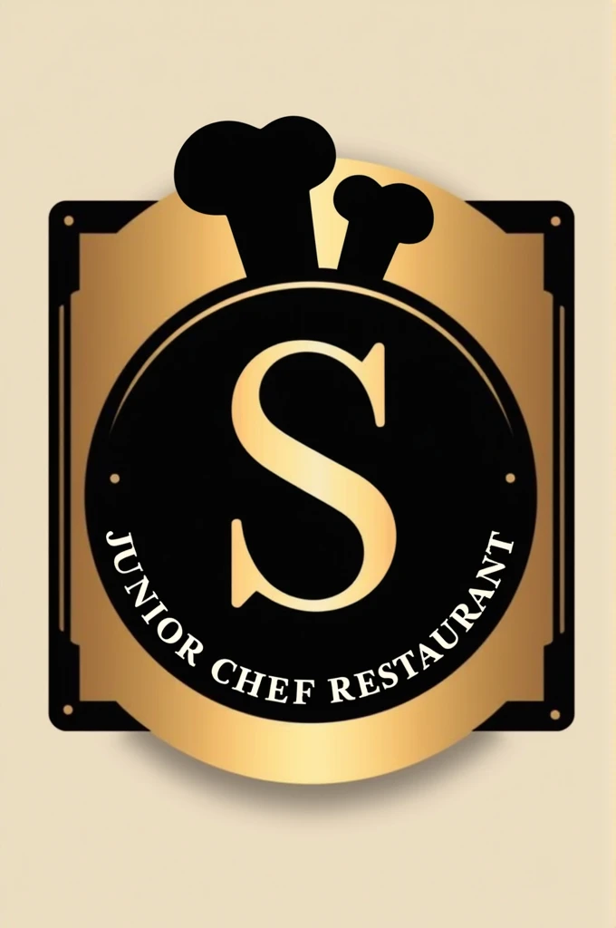 Logo for restaurant named Ssquare junior chef restaurant in circle shapes and adding touch of chef also adding symbol of S and adding 2 on top of s with a subtitle of junior chef restaurant also included into the square shape with a black golden colour theme and adding restaurant touch tp logo
