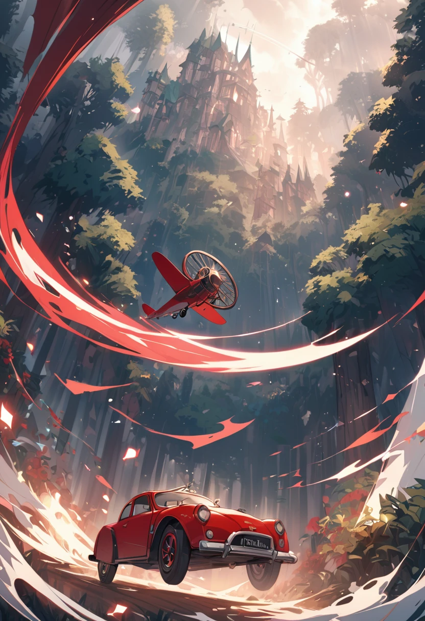 fantasy word, red car flying in the sky, the beautiful forest below, beautful backround