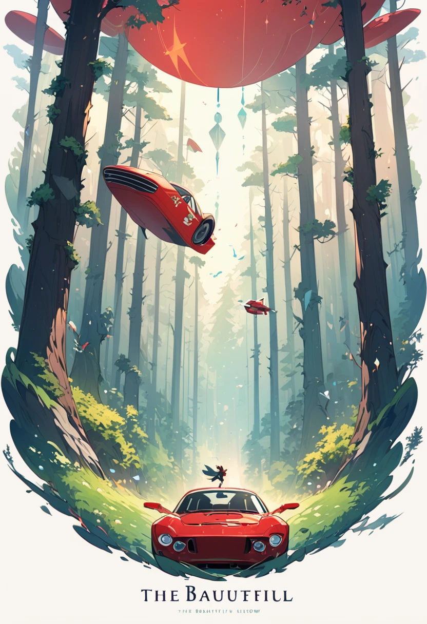 fantasy word, red car flying in the sky, the beautiful forest below, beautful backround