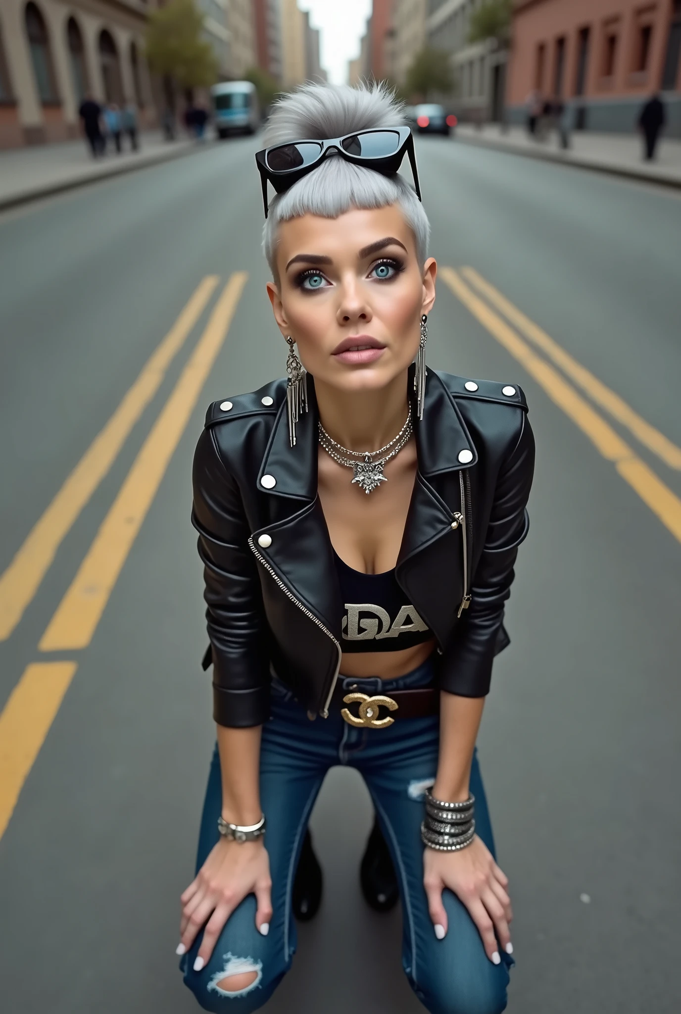 russian old milf woman, grey hair (top bun, shaved sides and fringe) and sunglasses as headband (big maxi sunglasses), with very light blue eyes, extremely pale. Wearing cropped black moto jacket with lots of zippers, cropped t-shirt with motorcycle club logo, dark blue jeans with holes and pointy Chelsea boots with cuban heels . Silicone breasts. Lots of metallic bracelets, long pendants and lots of collars. Tacky leather belt with oversized chanel buckle. Long earrings. Kneeling, looking at the camera, tilted head, eyes and mouth wide open in amazement. Hands on her knees, toned abdominals, thin legs and thin arms. Tattoed