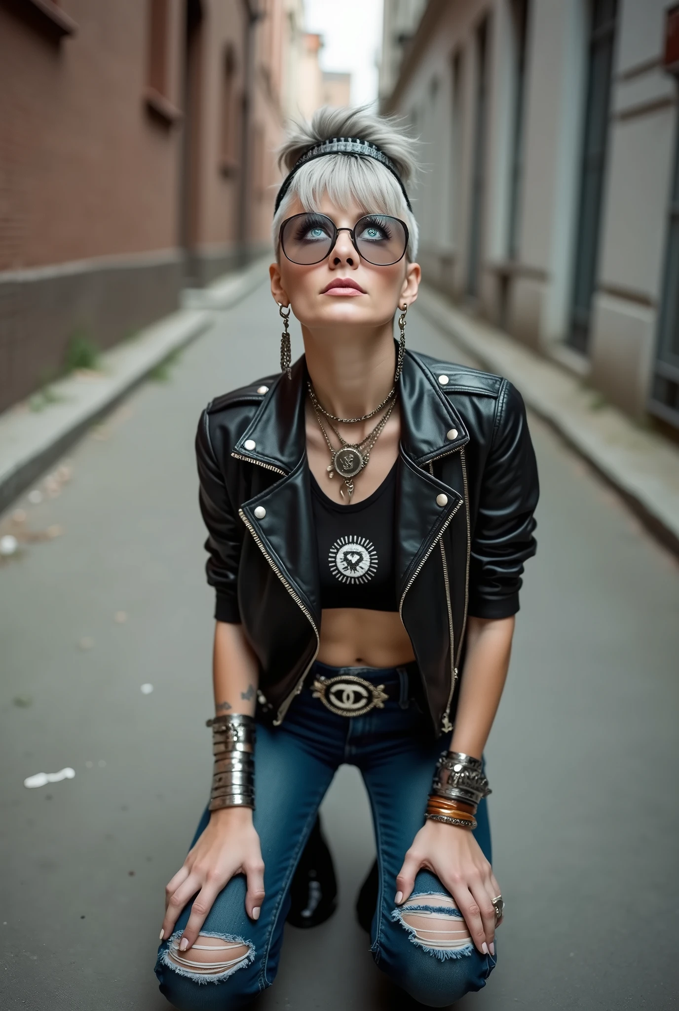 russian old milf woman, grey hair (top bun, shaved sides and fringe) and sunglasses as headband (big maxi sunglasses), with very light blue eyes, extremely pale. Wearing cropped black moto jacket with lots of zippers, cropped t-shirt with motorcycle club logo, dark blue jeans with holes and pointy Chelsea boots with cuban heels . Silicone breasts. Lots of metallic bracelets, long pendants and lots of collars. Tacky leather belt with oversized chanel buckle. Long earrings. Kneeling, looking at the camera, tilted head, eyes and mouth wide open in amazement. Hands on her knees, toned abdominals, thin legs and thin arms. Tattoed