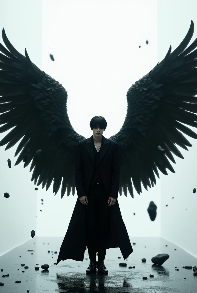 give me an image where jungkook or taehyung is a villain where they have a wings, outfit that is all black but in suit and the place is just a plain white but with a small dust of rocks taht is floating snd title where it could say "Viltuzo Etuari" make it look more darker and the image is have a toned effect