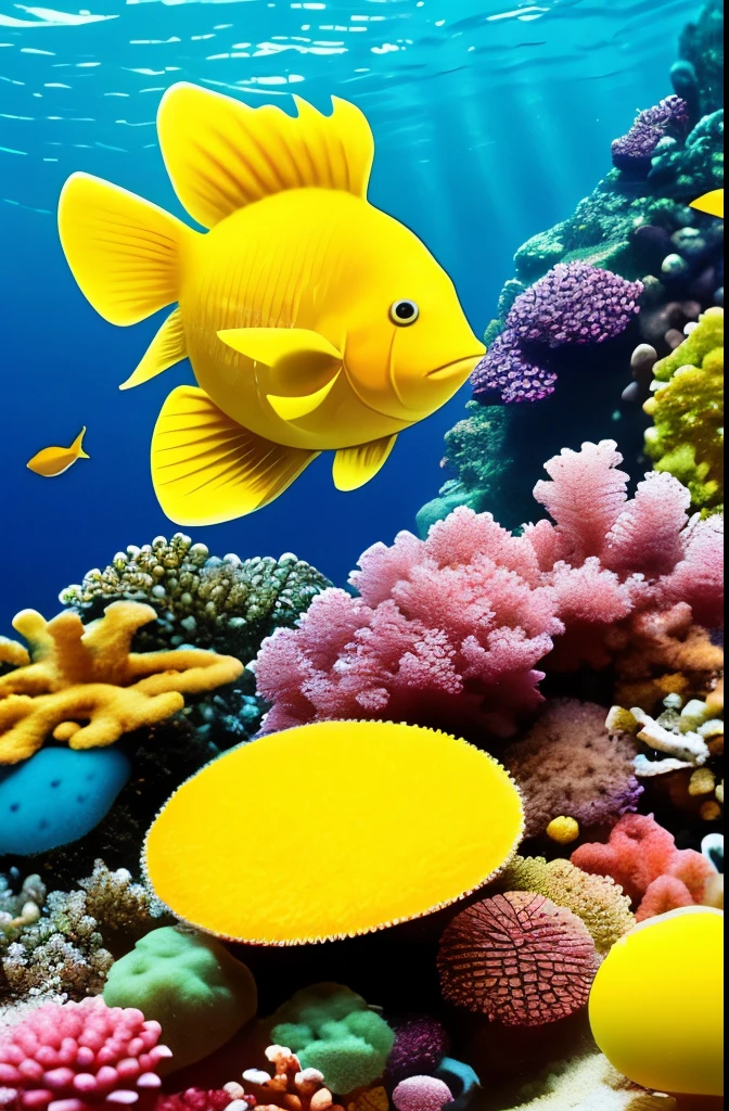 yellow sponges on a coral reef with a fish in the background, a stipple by Hans Werner Schmidt, flickr, fine art, sea sponges, sponge, colorful coral, beautiful colorful corals, corals, nice deep colours, vivid colors!, nice colors, harmony of neon glowing coral, spongy, coral, vibrant corals, reefs