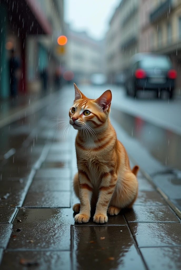 On the city roads, it rained heavily, and a wet little cat stood begging on the street without facing the camera. Side shooting