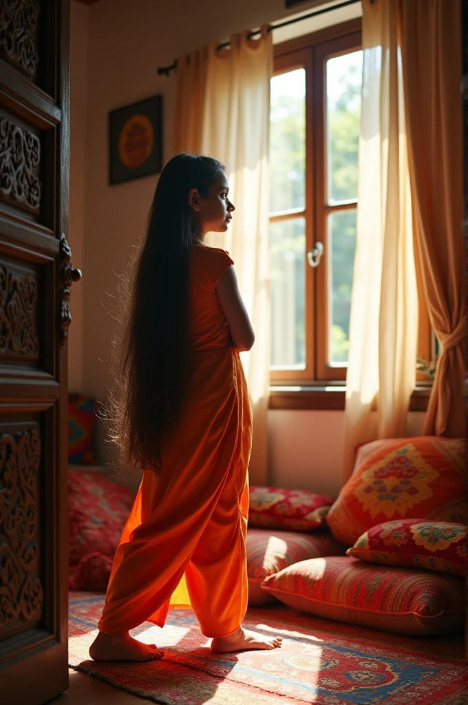 A Bangladeshi girl, wearing three piece, long hair,Standing in a room