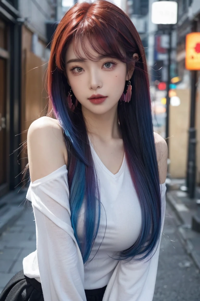 (Close-up)、1 person、smile、(((Gradient hair from red roots to blue tips)))、See the view、Highest quality、masterpiece、Ultra-high resolution、8k、(Realistic:1.5)、RAW Photos、Perfect body、Big Breasts、off-the-shoulder white shirt、Frills、skirt、Earrings、(In the Dark)、Deep Shadow、Discreet keys、(Warm Light)、Sexy look、bangs、Grey Sky、Shibuya Ward、Dim Alley、