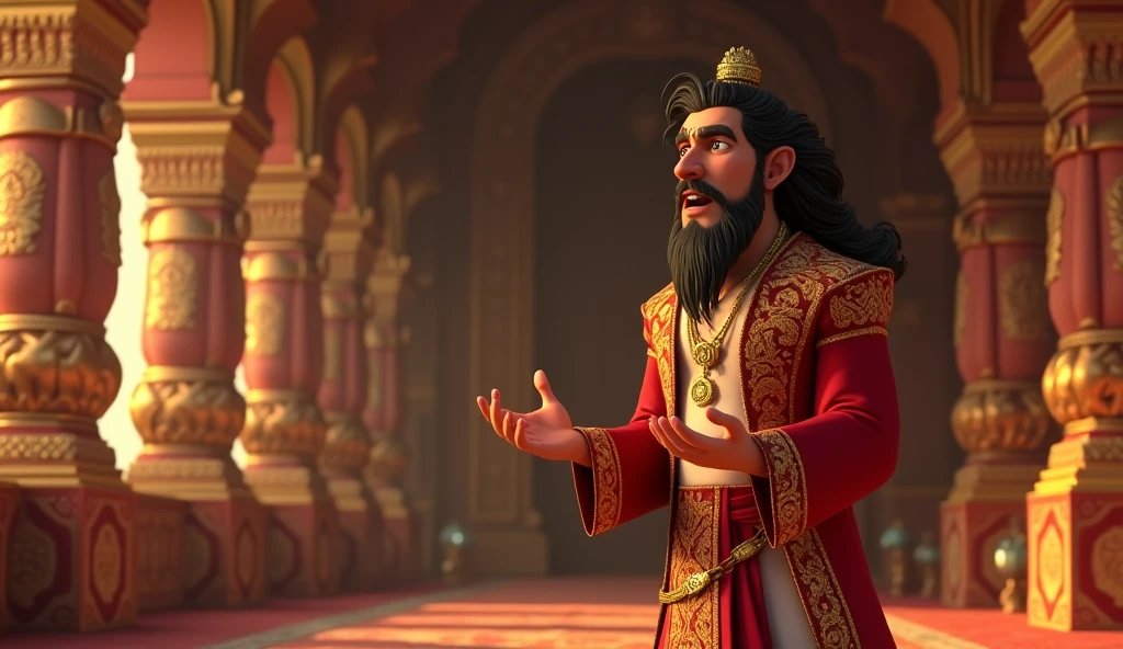 In 3D animation style:The wealthy merchant (past Ramū) dismissing the Brāhmaṇ harshly, with a scornful expression.