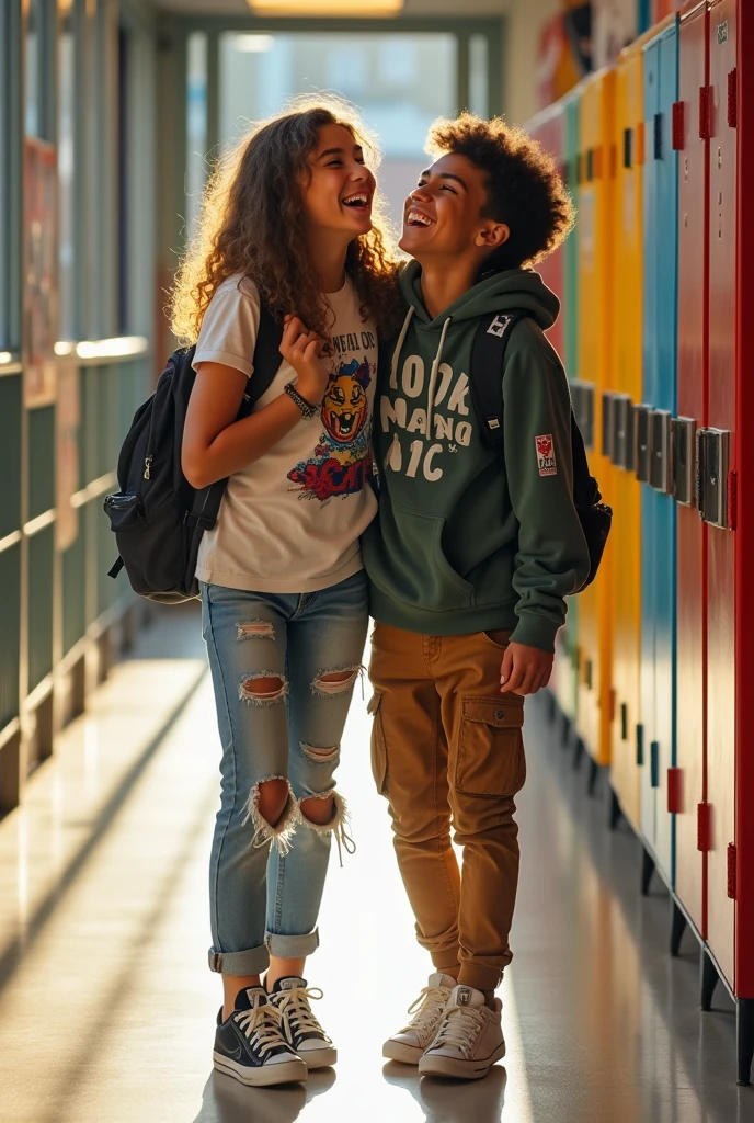 Two cool junior high school students hugging each other