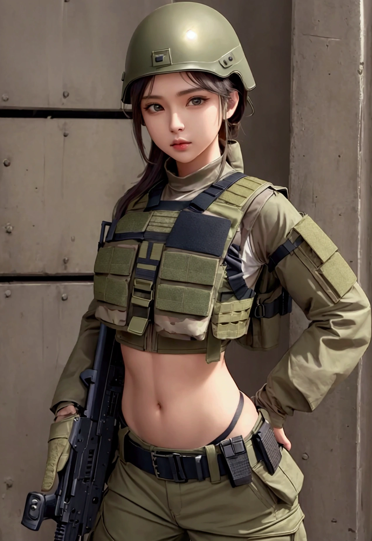 girl in crop top military bulletproof vest , military green cargo pants, belt, military helmet, tactical, (open navel), 