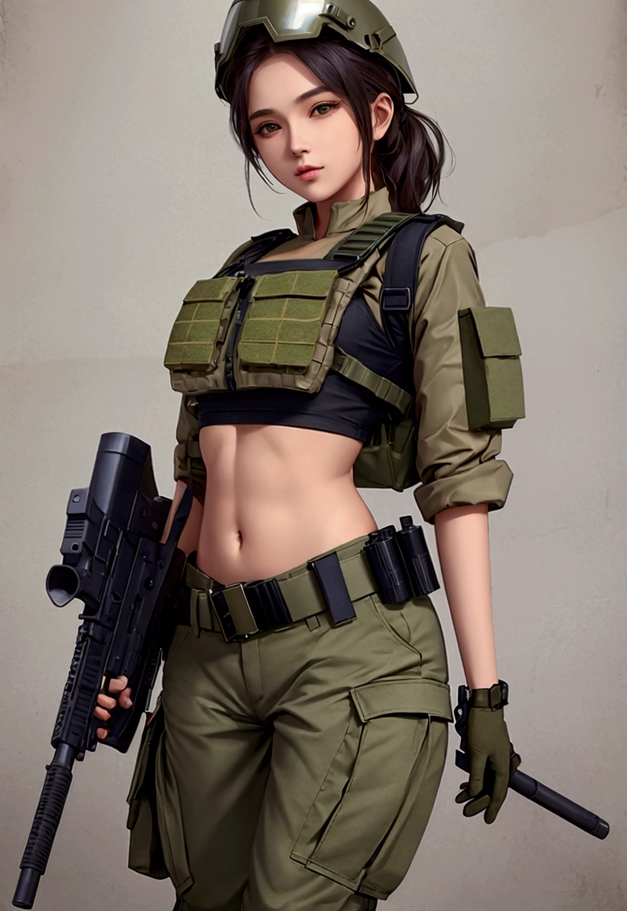 girl in crop top military bulletproof vest , military green cargo pants, belt, military helmet, tactical, (open navel),