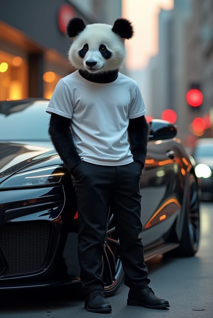 I want a picture of a panda wearing a classy outfit, a classy white t-shirt, and cool black long pants, and next to him is a car, and he is a cool, stylish person 