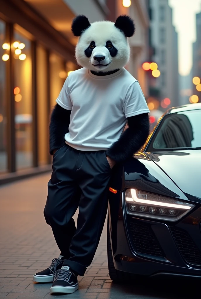 I want a picture of a panda wearing a classy outfit, a classy white t-shirt, and cool black long pants, and next to him is a car, and he is a cool, stylish person