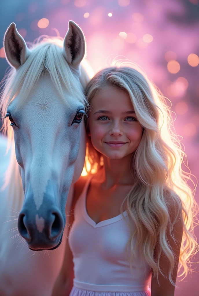 Portrait of a girl with a unicorn. Girl standing next to unicorn. The girl's face is full-face looking at us. The girl has long blond wavy lush hair. The background is fabulous pink and blue tones. Flares. The mood is festive.