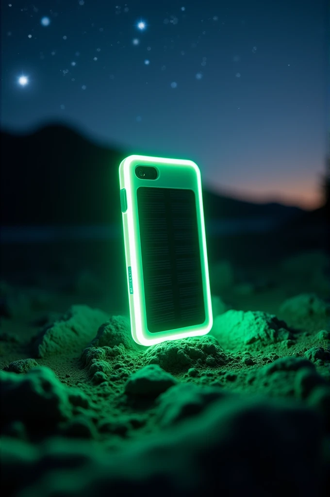 A portable solar charger with green fluorescent border and it contain two USB ports. The background should be a night time.