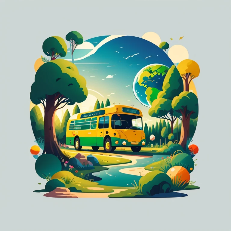 Earth Day poster, flat illustration, super cute bus in green spherical globe, trees, flowers, landscape, blue, green, yellow, simple background, center composition, bright colors, chiaroscuro, super high detail, 4k, flat illustration