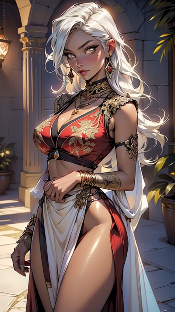 woman,1female,((milf,mom,mature,mature woman,45 years old female,adult)),(large breasts:1.5),saggy breasts,(((white hair:1.4,straight hair,long hair:1.4,colored inner hair))),((yellow_eyes:1.3)),intricate eyes,beautiful detailed eyes,symmetrical eyes,((((dark skin:1.4,lustrous skin:1.5,bright skin: 1.5,skin tanned,shiny skin,very shiny skin,shiny body,illuminated skin)))),(spider lower abdomen,narrow waist,wide hip,bimbo body,inflated legs,thick thighs,delicate detailed fingers),(((detailed face))),
cute,slutty,sensual,seductive look,seductive,((erotic)),opulent,sumptuous,longingly,((nsfw)),
queen,goddess,fantasy,(((ice jewelry,intricate necklace,christmas jewelry,detailed outfit))),cleavage,silver silk,((eyeshadow,elegant makeup,eyelid makeup,gold lips,gold lipstick)),zettai ryouiki,revealing clothing,show skin,cleavage,((underboob)),((arabian dress, arabian princess,arabian beauty,beautiful alluring,beautiful genie girl)),((intricate genie outfit)),arabian accessories,(arabian jewelry in her arms),earrings,(((pelvis curtain))),(loincloth),(((red dress))),((Transparent cloth:1.1)),(((intricate outfit,intricate clothes,embroidered outfit,ornate outfit,embroidered clothes,ornate clothes))),
(dynamic pose:1.0),embarrassed,(centered,scale to fit dimensions,Rule of thirds),
inside,indoor,((palace in Arabia, palace in Arabia background)),scenery:1.25,((intricate scenery)),
(Glossy winter ornaments),highres,sharp focus,(ultra detailed,extremely detailed),(photorealistic artwork:1.37),(extremely detailed CG unity 8k wallpaper),(((vibrant colors,vibrant theme))),(intricate),(masterpiece),(best quality),artistic photography,(photography taken by sldr),(intricate background),perfect rendered face,perfect face details,realistic face,photo realistic,((intricate detail)),(((realism))),