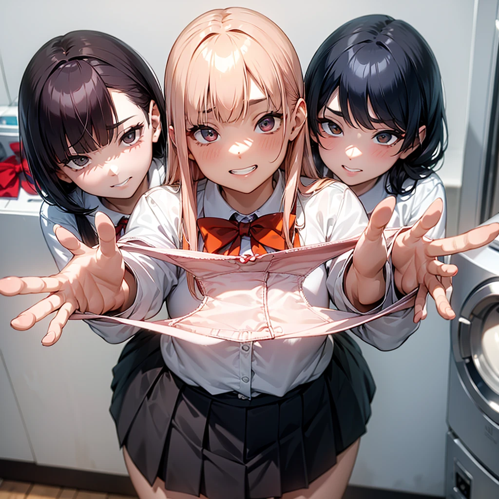 One girl,
Laundry room,washing machine, Laundry basket, a few underwears are in a Laundry basket,
hair,Color Hair Color, Small breasts、blush, bow, Red Bow, Long sleeve, shirt, Collared shirt, skirt, Pleated skirt, black skirt, Small breasts,
{{{Face close-up}}},Upper Body,,Pay attention to the panties,Quality underwear,
Looking down,View your viewers,
Panties as a gift,
Tabletop, highest quality, , absurdes, Perfect Skin, Detailed skin texture, Ultra-detailed, 8K, Intricate details, Beautifully detailed face,High resolution,
 {{{Shadowed face}}}, mock, {{{Grit your teeth:1.2}}}, Grin, smile, Looking down at viewers, masterpiece,absurdes, Beautiful detailed face when viewed from the front,
