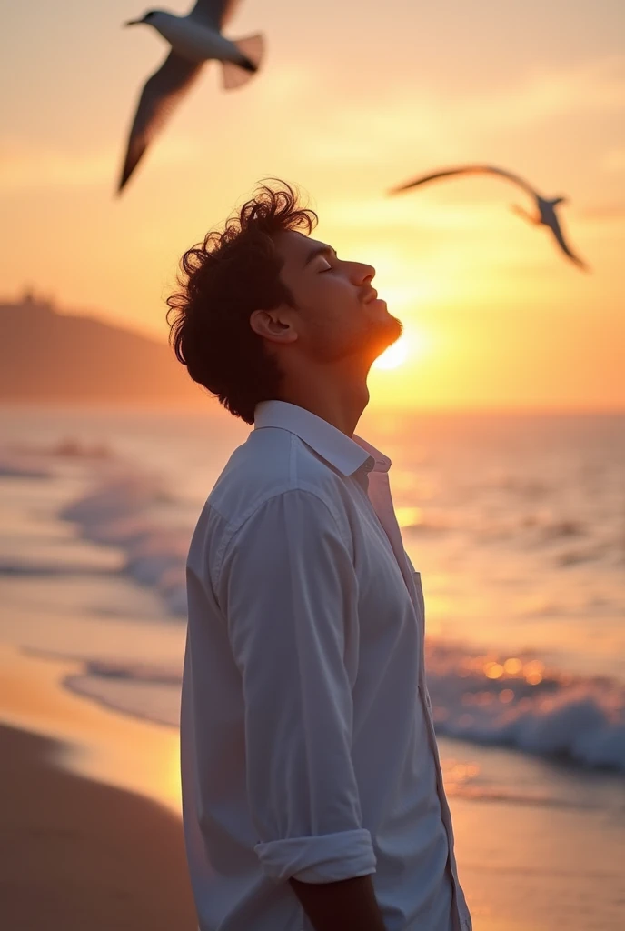 Man breathing calmly on a beach at sunset