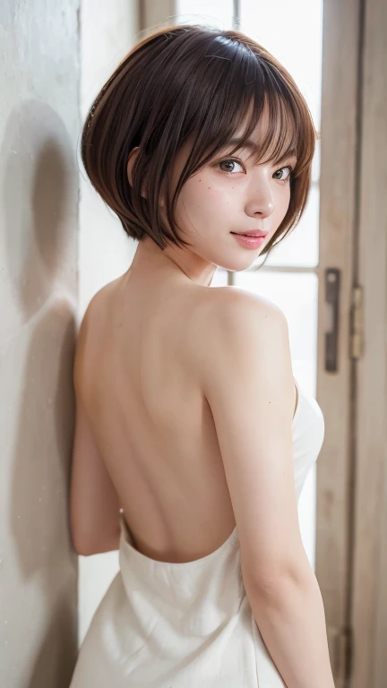 (Bob Cut Hair:1.2),(Wearing a backless dress:1.8),1 person,Japanese,21 years old,(Small breasts:1.3),(Highest quality,masterpiece:1.3,Ultra-high resolution,),(Very detailedな,Caustics),(Realistic:1.4,RAW shooting,)Ultra-Realistic Capture,Very detailed,High resolution 16K human skin closeup。 Natural skin texture、,pores、、It needs to be detailed enough to be easily identifiable。 Skin tone is even and healthy looking。 Use natural light and color, Happy expression, Looking into the camera, Perfect dynamic composition, indoor、Cleavage、freckles、excited、I can even see the crack of her ass、Raise your hands、Beautiful shoulder blade、Leaning against a wall、blush