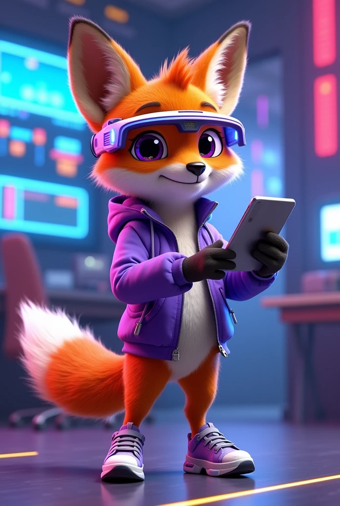 Create a 3D Disney Pixar style young fox named Fluffy, with a look focused on the technology section. She should have vibrant orange fur with white spots on her belly and paws., with big, expressive eyes and cute ears. Cute must be dressed and equipped with modern technological accessories: vestimentas: A futuristic purple jacket with neon accents, perhaps with illuminated panels or digital graphics, for a modern and technological look. Accessories to be included: A pair of augmented reality glasses (midair) with a futuristic design and bright lenses. A high-end smartwatch with a holographic display and a silver metal strap. A stylish wireless headset, featuring a sleek and modern design. A small portable technology device, como um tablet ou um gadget de alto-tech, that she may be holding or using. A pair of sneakers with built-in LED, that light up or flash for a technological effect. Fofinha must have a posture that suggests interaction with technology, como ajustando os óculos midair ou mexendo em um gadget. The background should be a futuristic and technological environment, like a modern office with digital panels or a high-tech control room, capturing the essence of innovation and technology.

Showing the tennis