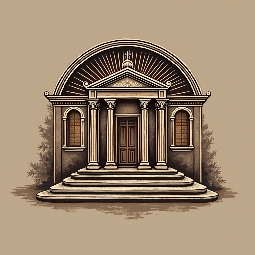 "Create a simple logo that resembles a tabernacle, designed to look like a temple. The structure should feature key architectural elements such as columns and a central entrance, symbolizing a place of worship. Keep the design clean and straightforward, emphasizing the spiritual significance of the tabernacle while maintaining simplicity and clarity. The overall look should capture the essence of a temple in a minimalist and elegant way."