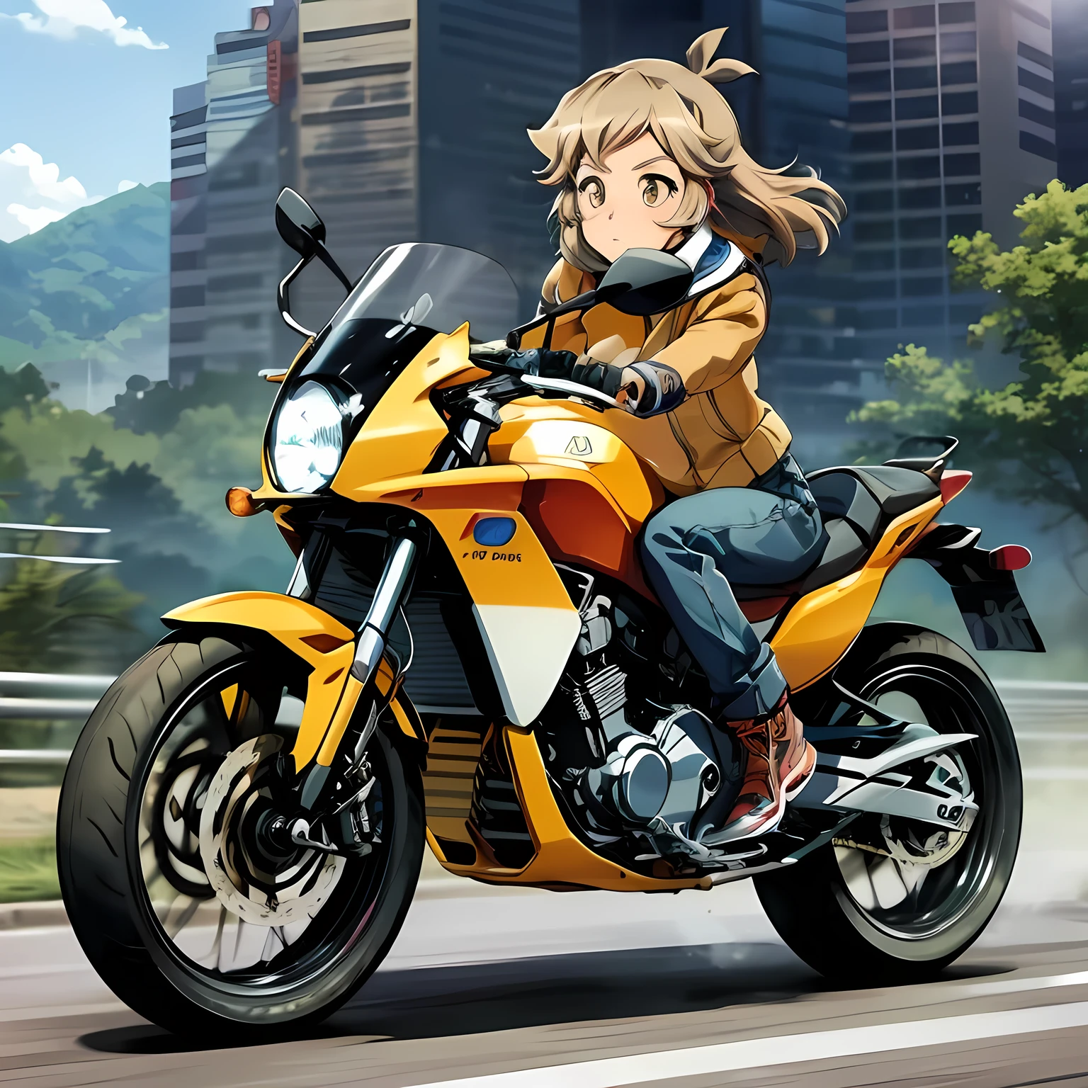 Hibiki Tachibana is rounding a corner on her bike, Cafe racer spec,Light blue Honda bike,Benly,Moped,My hair is blown about by the wind,Without helmet, Beautiful woman, Adorable expression, justice, Swift depiction