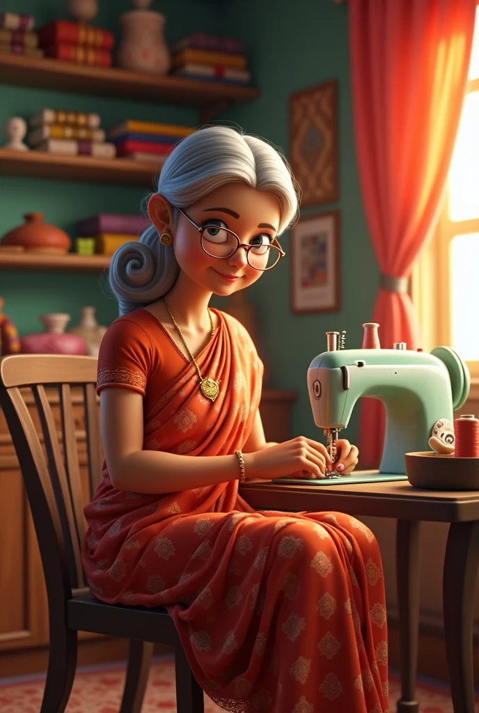 In cinematic 3d cartoon style " Ek 60 sal ki Aurat kapde sil rahi hai silai machine se baramade mein Baithi Hui Jiski Sadi fati Hui dikh rahi hai vah Sadi pahne Hue Hain Jo fat rahi hai"