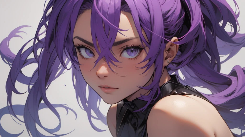 (High definition, 4K),1 girl,realisitic,breasts big,facing at viewer,blank gray background,half closed, big purple hair