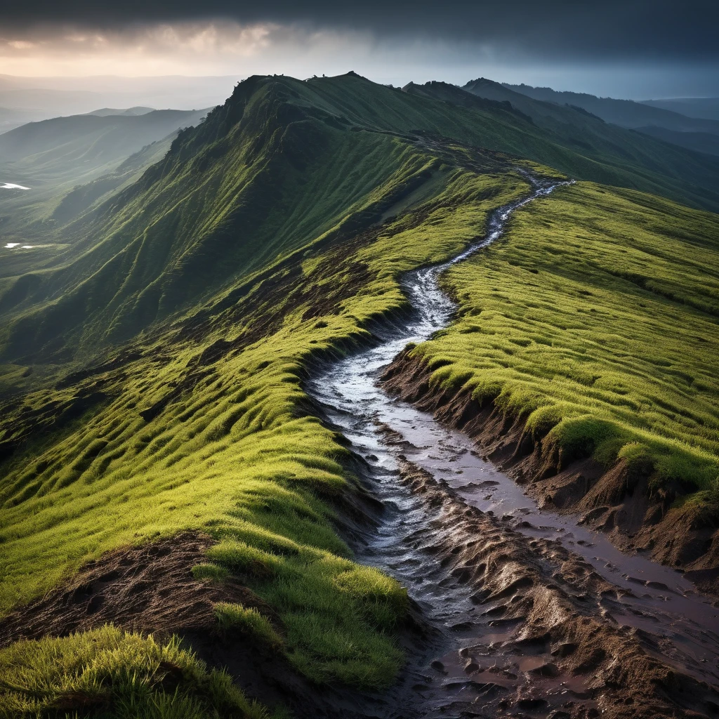 Ultra-realistic landscape of a ridge with wet earth, low lighting, impeccable photography