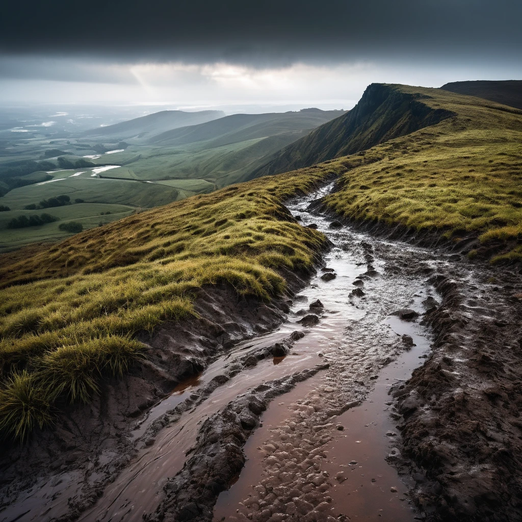 Ultra-realistic landscape of a ridge with wet earth, low lighting, impeccable photography
