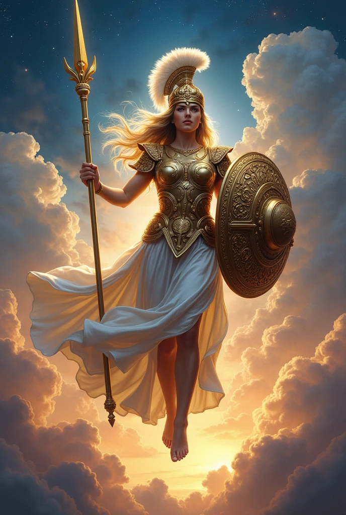 Goddess Athena holding a spear, a shield and wearing a helmet while floating in the air.