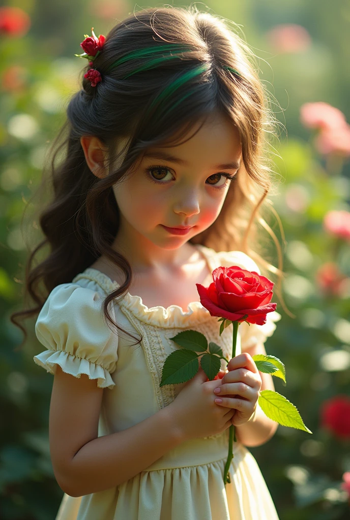 with wavy brown hair with green hair tips and skin pale as snow holding plants in her hand a rose