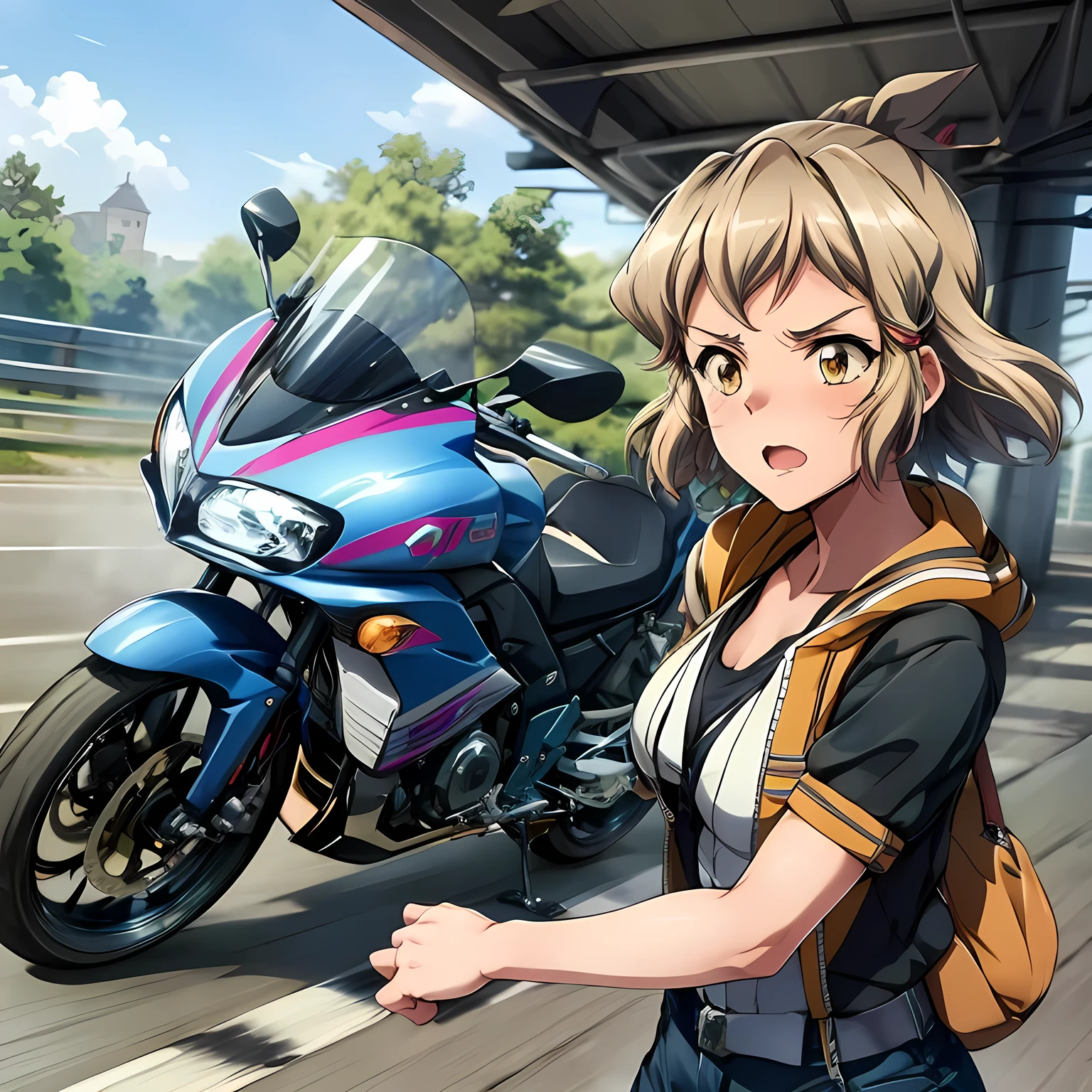 Hibiki Tachibana is rounding a corner on her bike, Cafe racer spec,Light blue Honda bike,Benly,Moped,My hair is blown about by the wind,Without helmet, Beautiful woman, Adorable expression, justice, Swift depiction