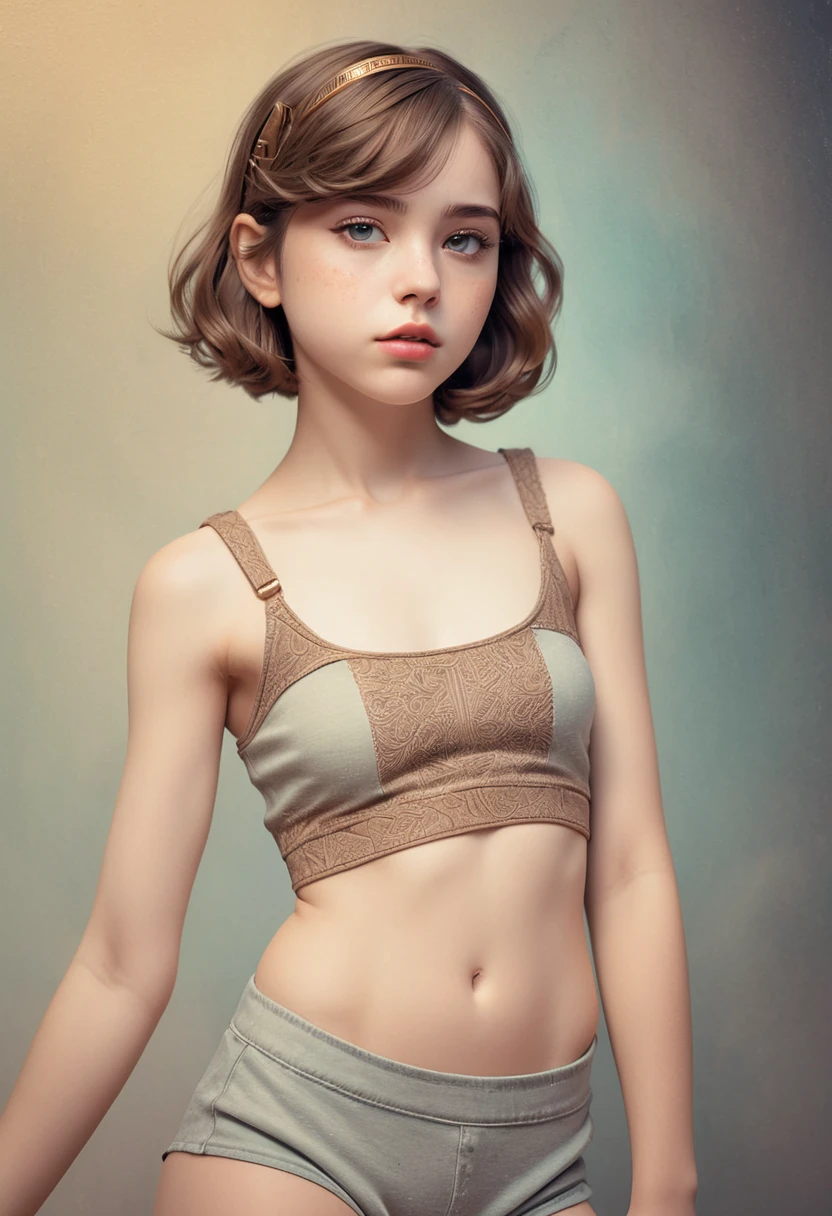 (Cinematic photo:1.3) From (Thigh-length photos:1.3),(slim:1.2) ((CROPTOP, NAVEL)) Beautiful  girl, (complex brown hair), Highly detailed texture кожи, realistic texture кожи, looks straight into the camera, (looks at the viewer) ), pout, , Shine, Dramatic, Dreamy, pastelный цветочный сад, elegant, strange, gentle, Highly detailed, difficult, UHD Digital Photography, Fantasy theme, narrow shoulders, Photo to the knees , beautiful young girl, small breasts, Beautiful body, highly detailed full-length shot, Dreamy, pastel, watercolor, strange, gentle, detailed hair band, Highly detailed texture, realistic texture, digital painting, highly detailed photo, (art deco: 1 .хFromоралFromм:1.3),(Classic realotm:1.3),(Fujifilm Superia:1.3),, golden hour light,