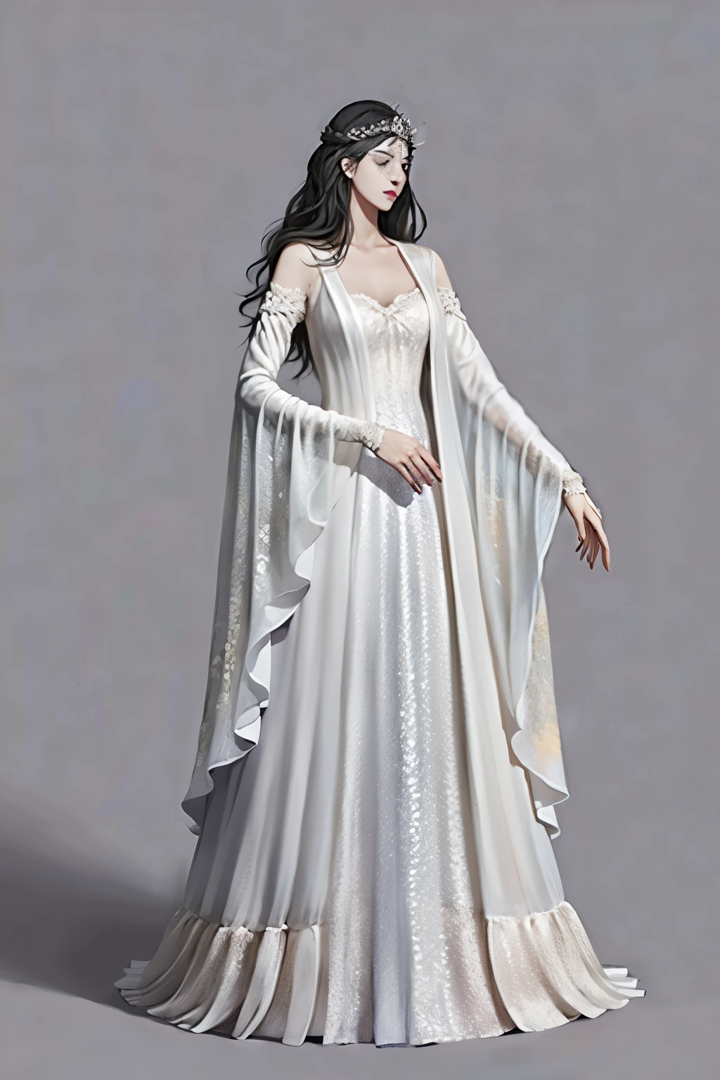 masterpiece, best quality, highres, 1girl, Filianore, full body portrait, (closed eyes:1.2), eye shadow, face mark, white dress, long eyelash, very long dark grey hair, silver crown, simple background,