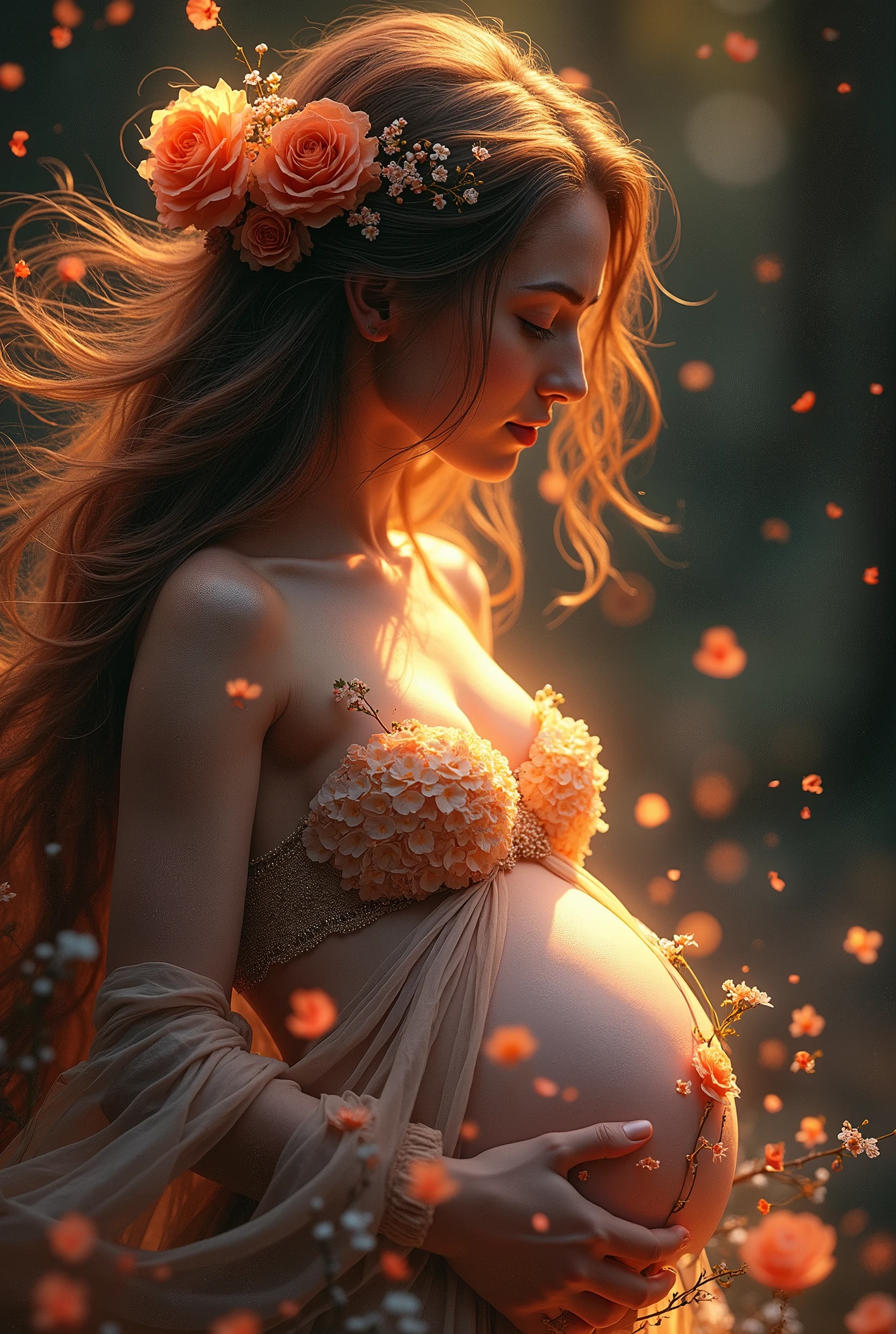 A beautiful and ethereal woman, her long hair adorned with flowers, her pregnancy glowing with life. A caring midwife attends to her, as the dark background is accented with vibrant blooms. Hyper-realistic full-color illustration, (best quality,4k,8k,highres,masterpiece:1.2),ultra-detailed,(realistic,photorealistic,photo-realistic:1.37),beautiful woman, pregnant woman, flowers in hair, long hair, midwife, dark background, floral accents, hyper-realistic, full color, vibrant colors, detailed portrait, intricate details