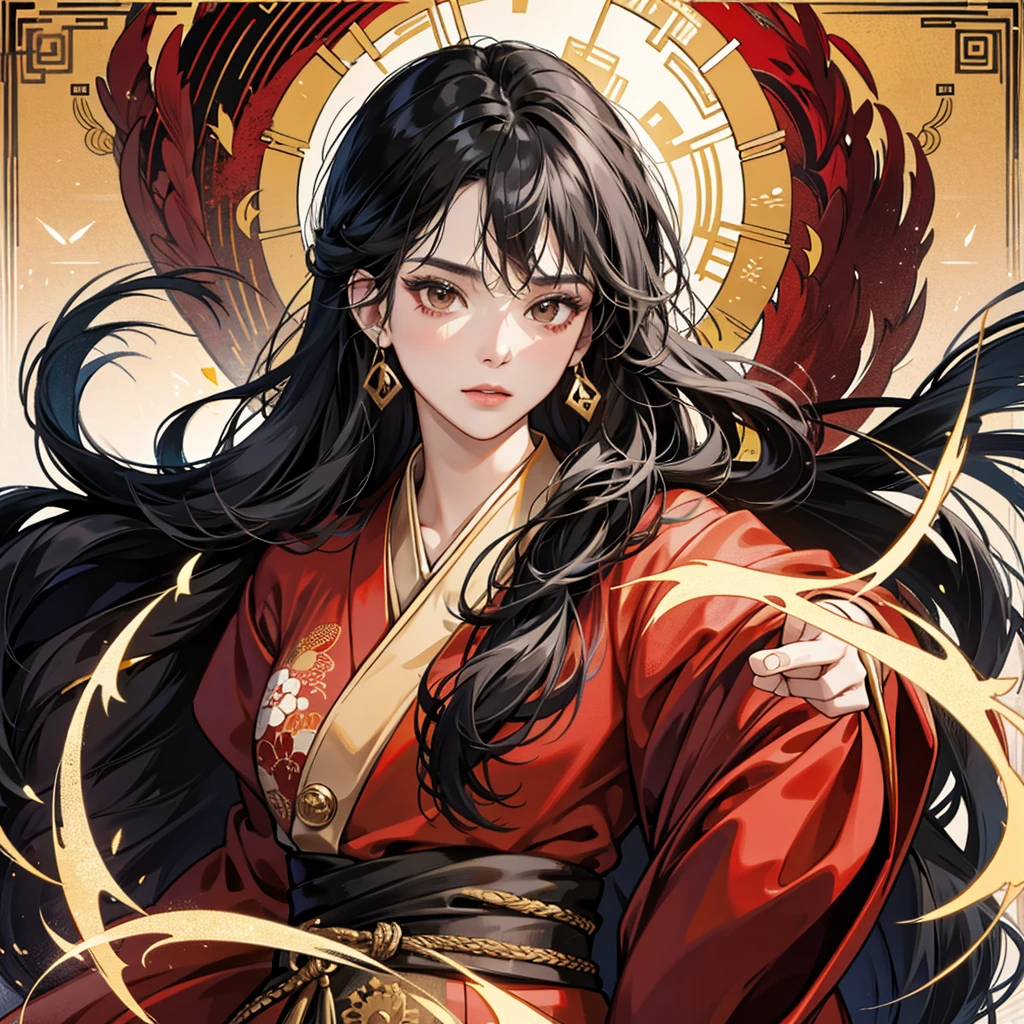 High resolution, 1 Female, alone, Hip Up, Displaying the viewer, (Detailed face), Black Hair, Long Hair, Black, red and gold Hanfu robes,Larger clothes, jewelry, Portraits during the journey