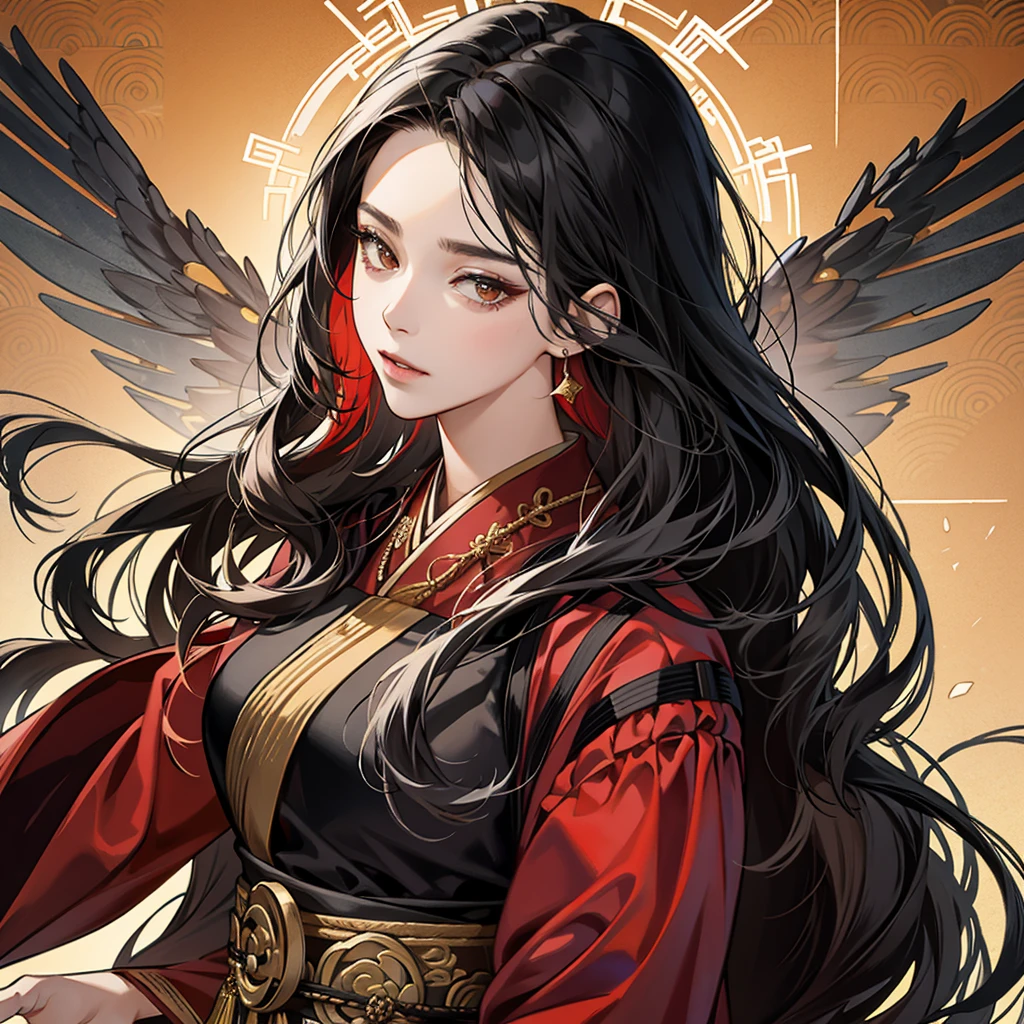 High resolution, 1 Female, alone, Hip Up, Displaying the viewer, (Detailed face), Black Hair, Long Hair, Black, red and gold Hanfu robes,Larger clothes, jewelry, Portraits during the journey