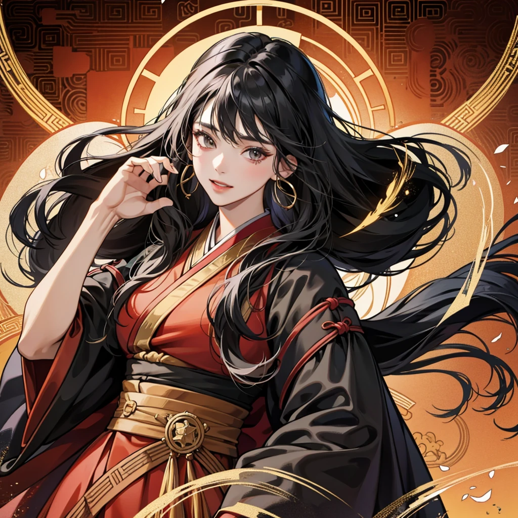 High resolution, 1 Female, alone, Hip Up, Displaying the viewer, (Detailed face), Black Hair, Long Hair, Black, red and gold Hanfu robes,Larger clothes, jewelry, Portraits during the journey