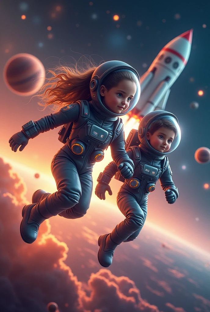 4D astronaut girl and boy in the universe with planets solar system and rocket