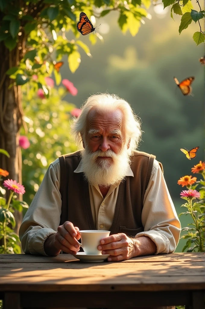 Old man with beard drinking tea