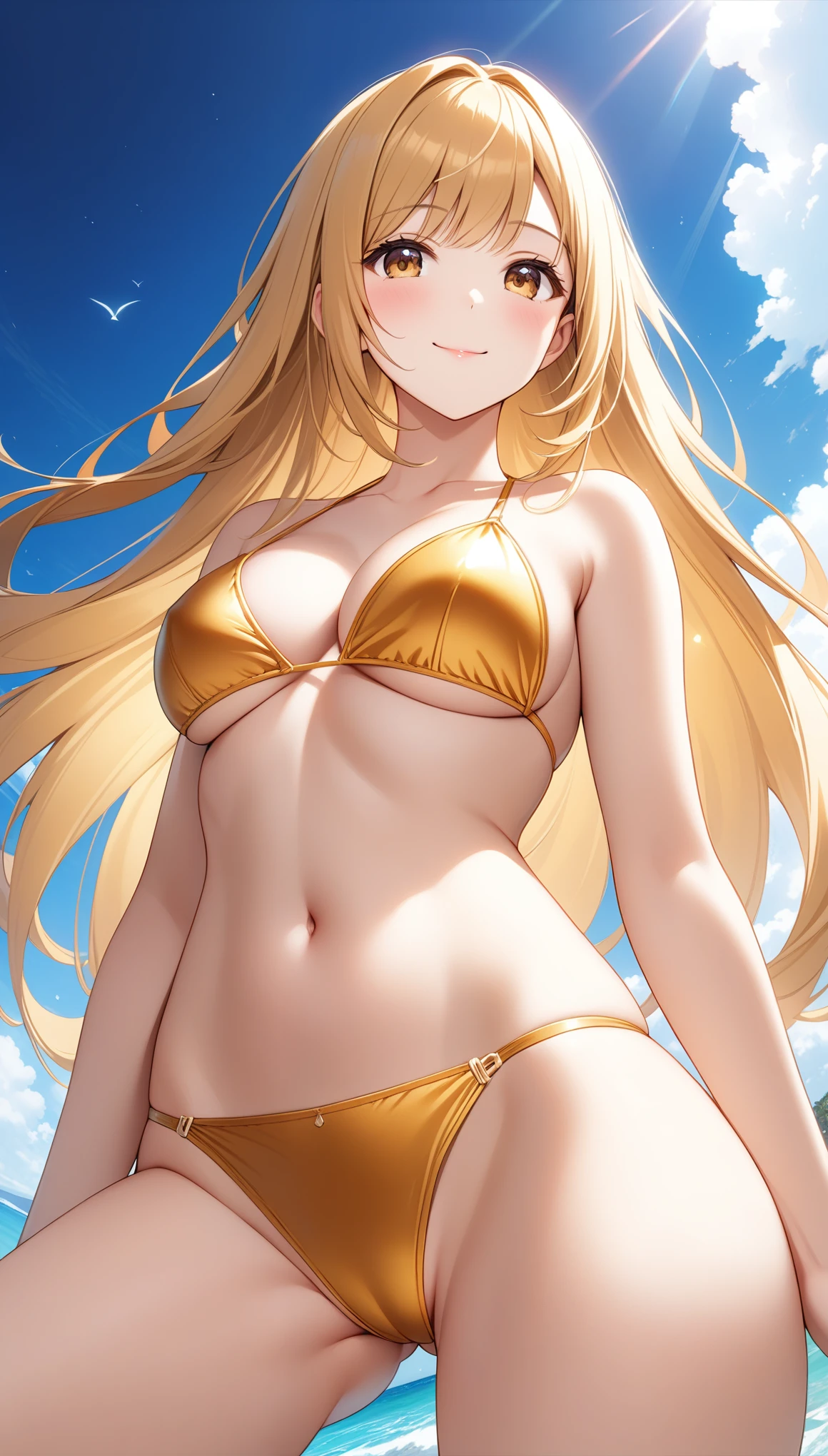 nsfw, (1girl), (ideal ratio body proportions), very long hair, (breasts), (curvy), looking at viewer, blush, smile, bangs, thighhighs, bow, holding, cleavage, jewelry, (((golden bikini))), ((medium breasts)), closed mouth, ((standing)), swimsuit, (golden hair), bikini, ((cowboy shot)), ((((from below)))), ((((from front)))), (((open your legs wide))), ((32k)), ((best quality)), ((ultra high res)), ((HDR)), ((UHD)), ((extremely detailed CG)), ((unity 32k wallpaper)),