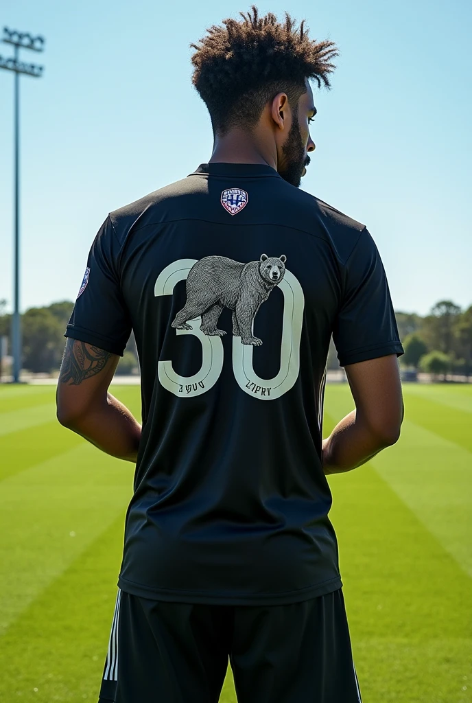 Create me a black soccer shirt with the number 30 and the player's name being Sleepy and the theme being a bear and having the Nossa Senhora da Ajuda church as its sponsor. Now show the front of the shirt