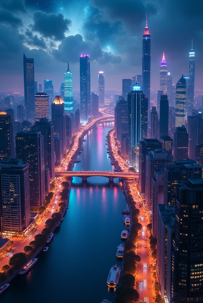Biggest and widest high rise city in the world in night ang high view
