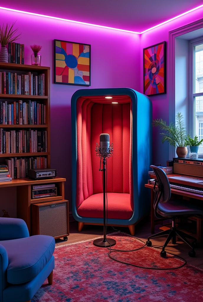 A recording studio environment with bookshelf and paintings and a purple background