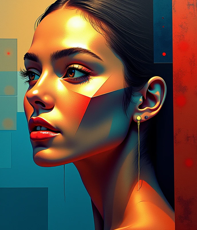 Design a cubist-style digital portrait of a goddess, incorporating abstract and geometric elements that reflect divine beauty and power. The composition should feature fragmented and overlapping shapes in vibrant, contrasting colors, with the goddess's face depicted from multiple angles to capture her multifaceted nature. The use of sharp lines and bold forms should evoke the essence of Cubism, blending the divine with the modern, abstract aesthetic.