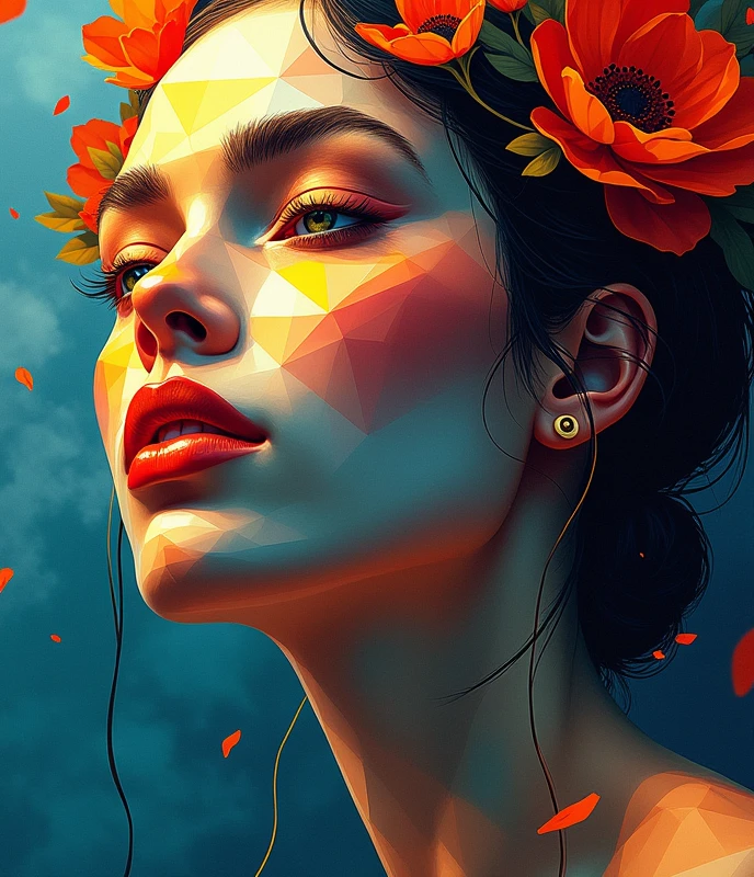 Design a cubist-style digital portrait of a goddess, incorporating abstract and geometric elements that reflect divine beauty and power. The composition should feature fragmented and overlapping shapes in vibrant, contrasting colors, with the goddess's face depicted from multiple angles to capture her multifaceted nature. The use of sharp lines and bold forms should evoke the essence of Cubism, blending the divine with the modern, abstract aesthetic.